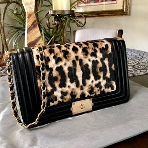 BLACK/ANIMAL PRINT FAUX LEATHER BAG